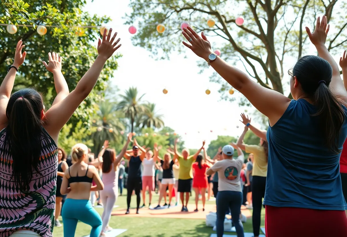 Community gathering at Pause Studio's grand opening event in Nashville with workout classes and wellness activities.