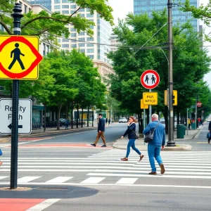 A busy Nashville intersection highlighting the importance of pedestrian safety.
