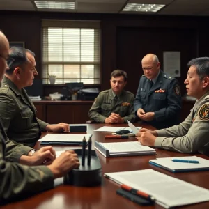 Military personnel discussing conduct policies in an office setting