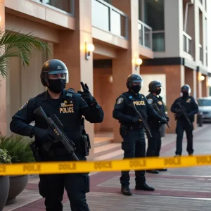 Police officers conducting a sting operation outside a hotel