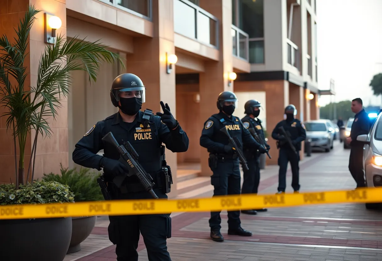 Police officers conducting a sting operation outside a hotel