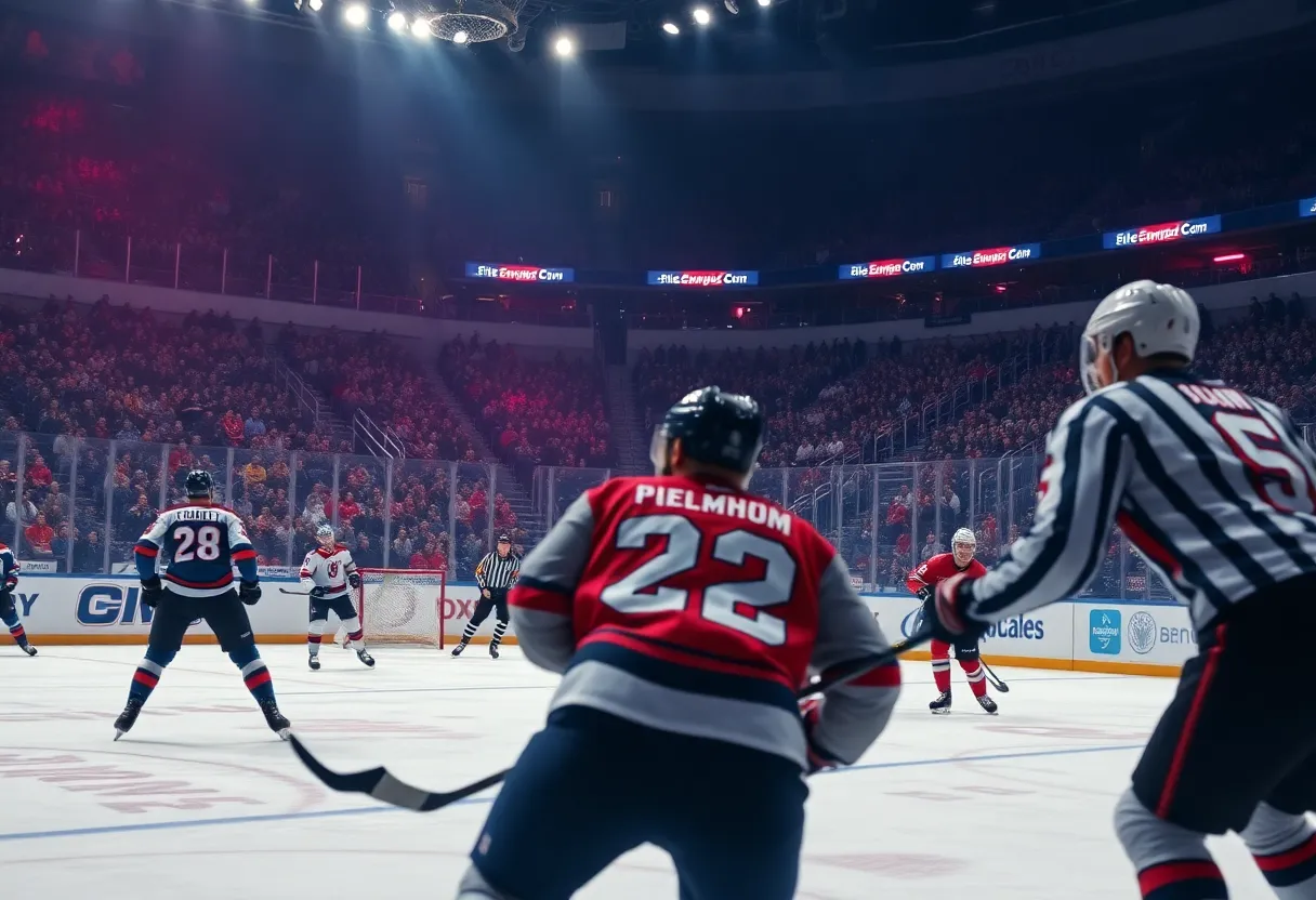 Hockey players in action during the shootout between Nashville Predators and Los Angeles Kings.
