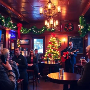 Patrons at Santa's Pub enjoying the reopening event with music and karaoke.