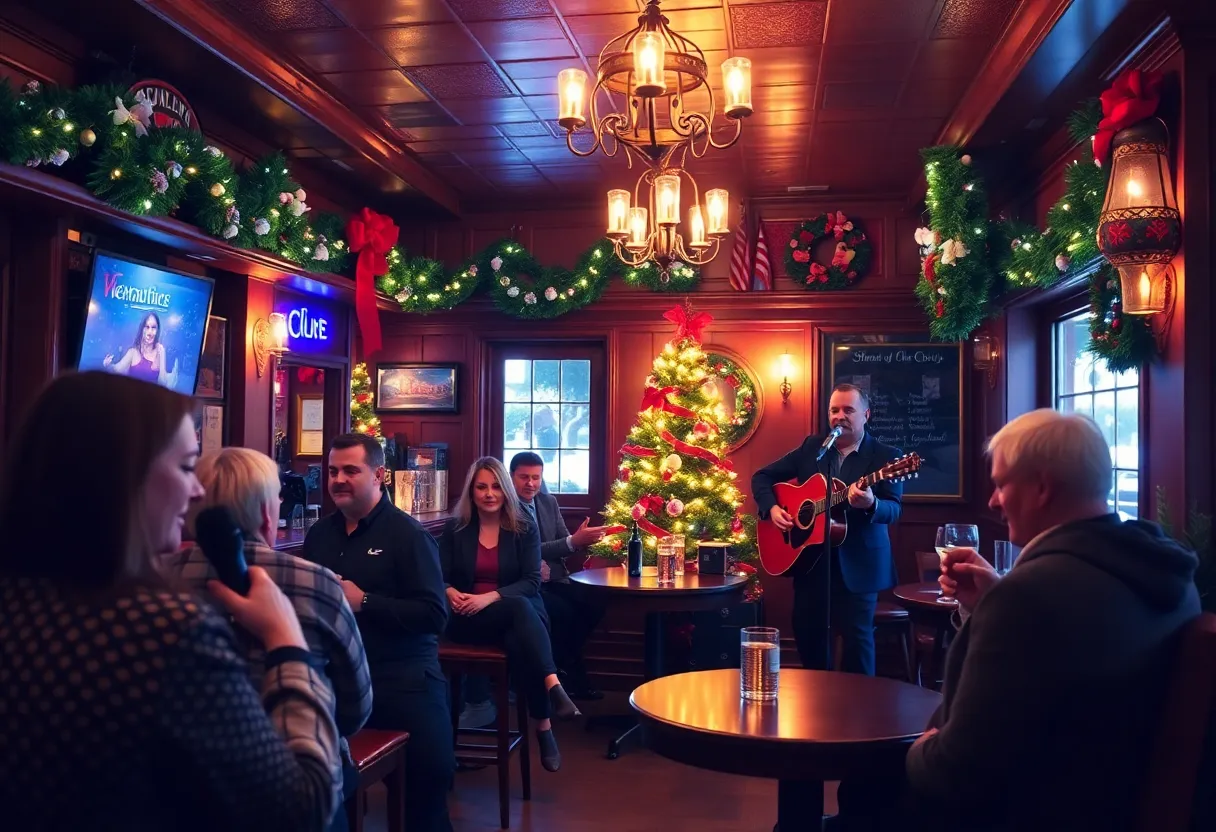 Patrons at Santa's Pub enjoying the reopening event with music and karaoke.