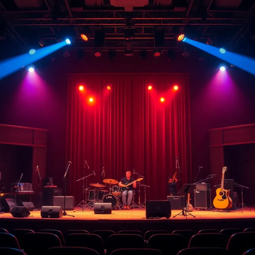 Concert stage at Woolworth Theatre prepared for Sheryl Crow's acoustic performance