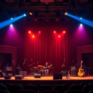 Concert stage at Woolworth Theatre prepared for Sheryl Crow's acoustic performance