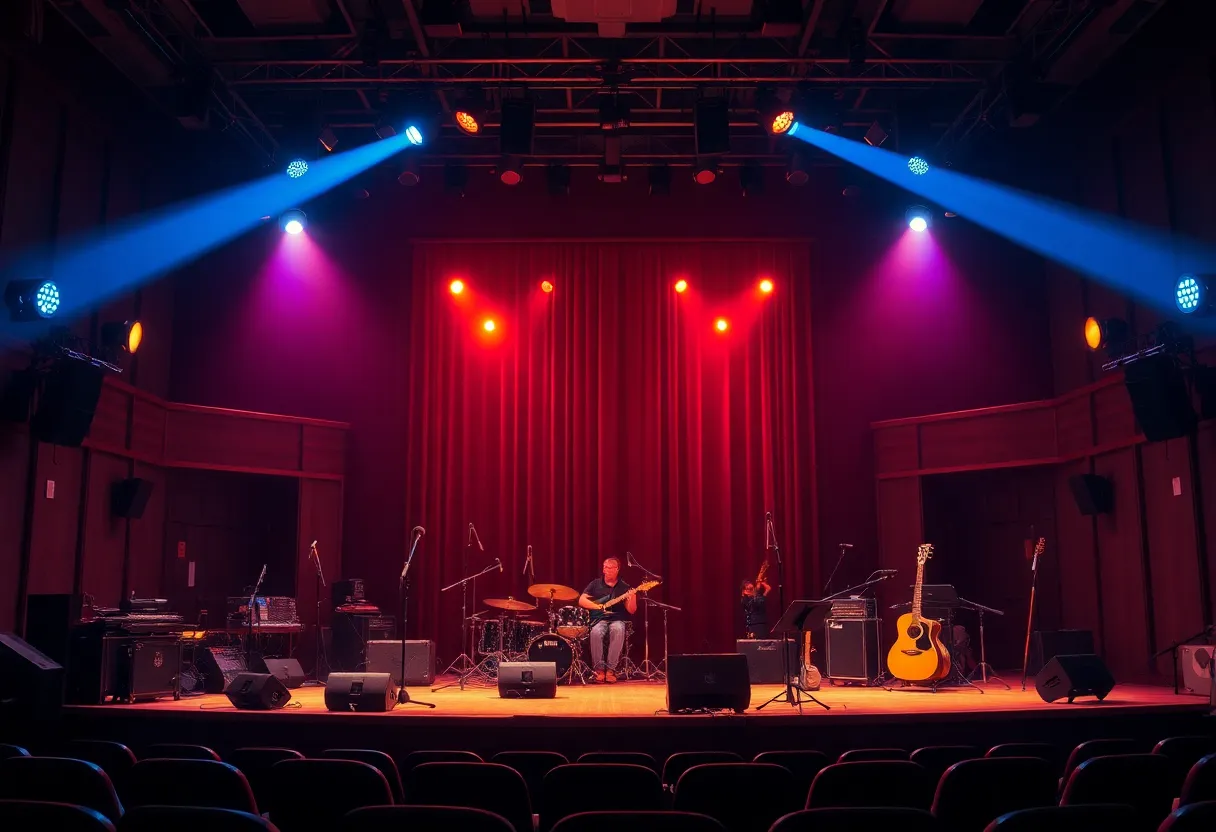 Concert stage at Woolworth Theatre prepared for Sheryl Crow's acoustic performance
