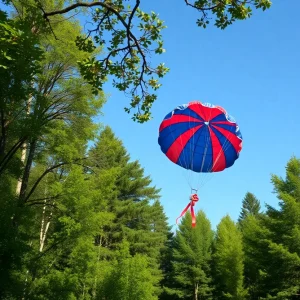 A parachute stuck in a tree in a wooded area