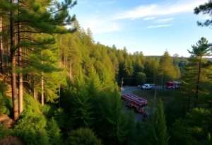 Emergency crews conducting a rescue operation in a wooded area