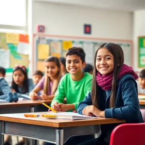 Diverse students in a classroom involved in educational activities.