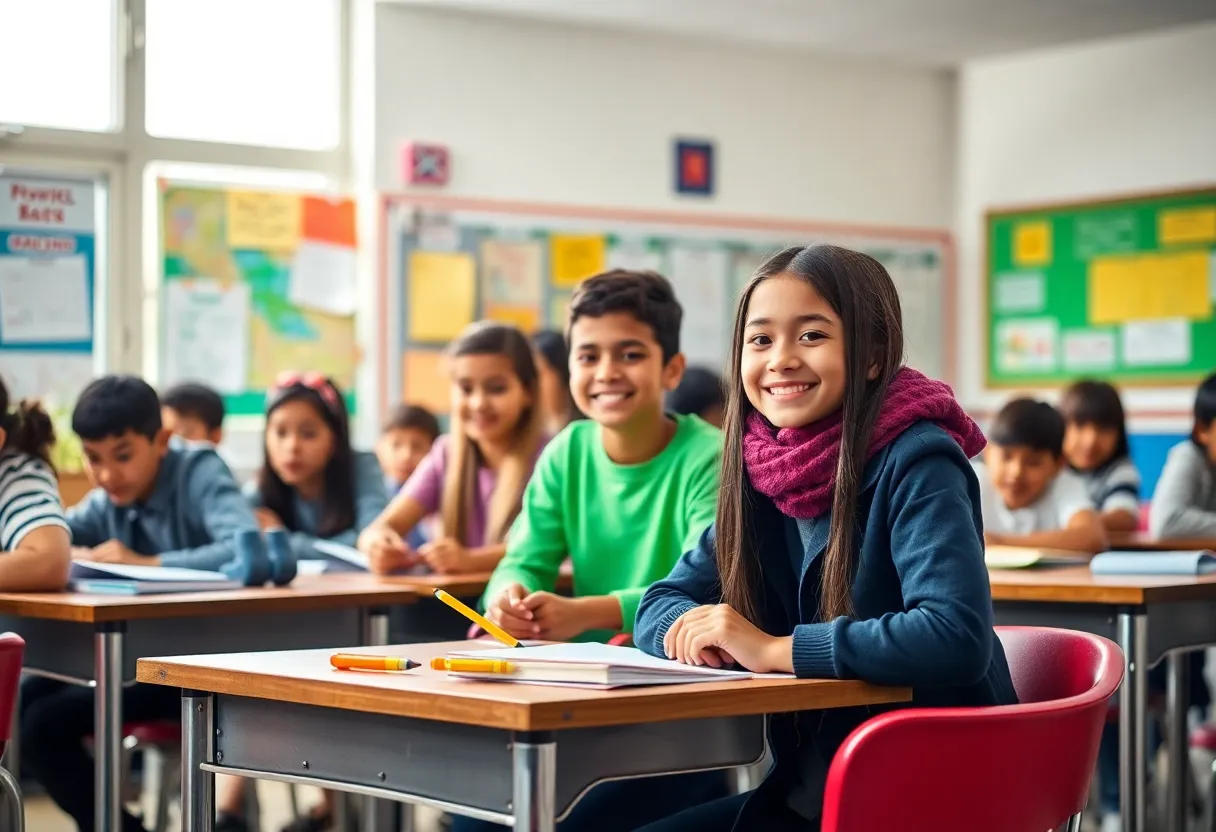 Diverse students in a classroom involved in educational activities.