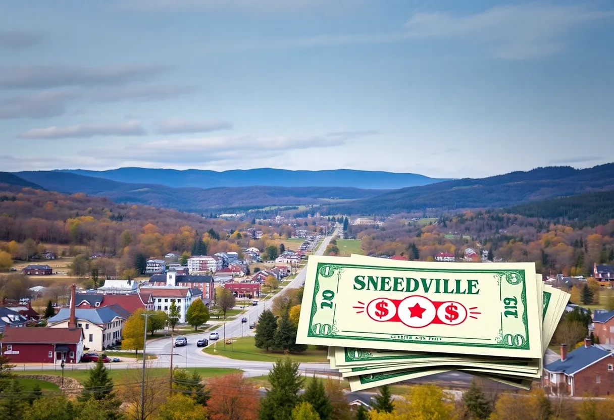 Scenic view of Sneedville with lottery ticket and cash