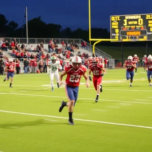 High school football players in action during a game in Tennessee.
