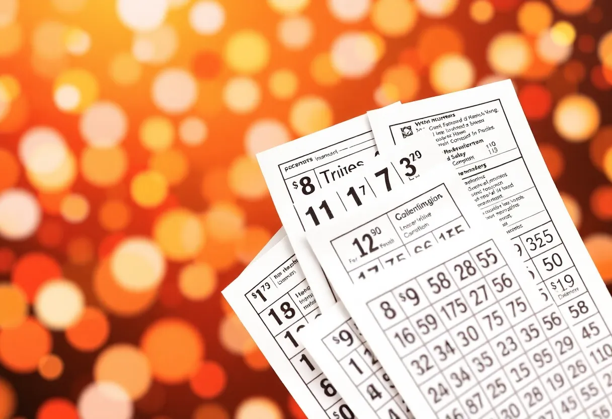 Collage of lottery tickets with winning numbers