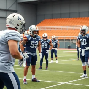 Tennessee Titans players practicing football at their training facility