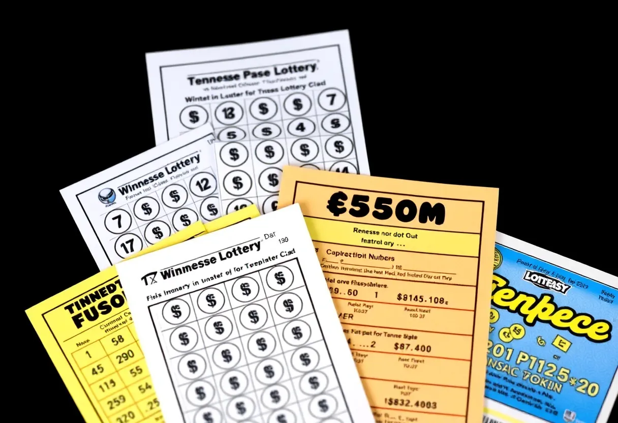 Tennessee Lottery tickets with winning numbers and cash prizes displayed