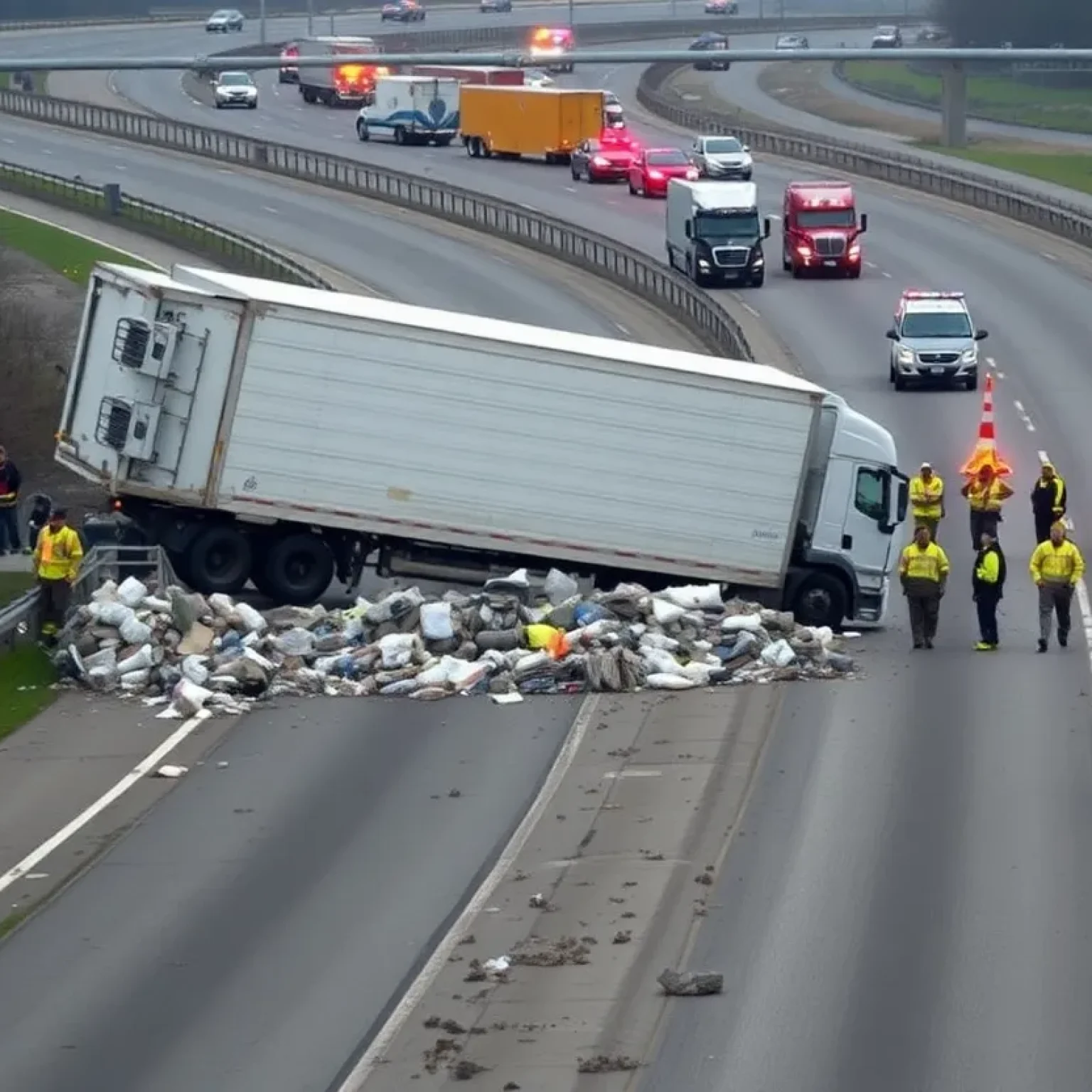 Scene of a tractor-trailer rollover accident on Interstate 40 East in Nashville.