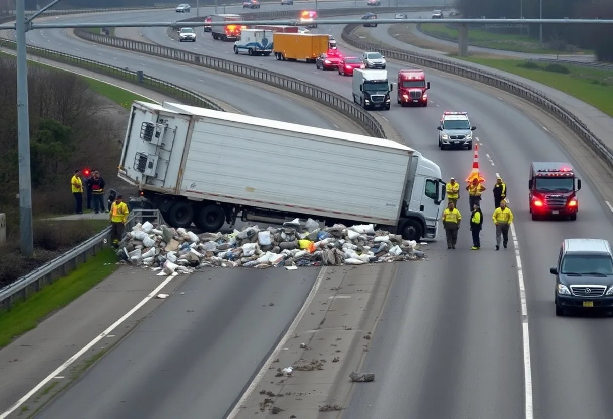 Scene of a tractor-trailer rollover accident on Interstate 40 East in Nashville.