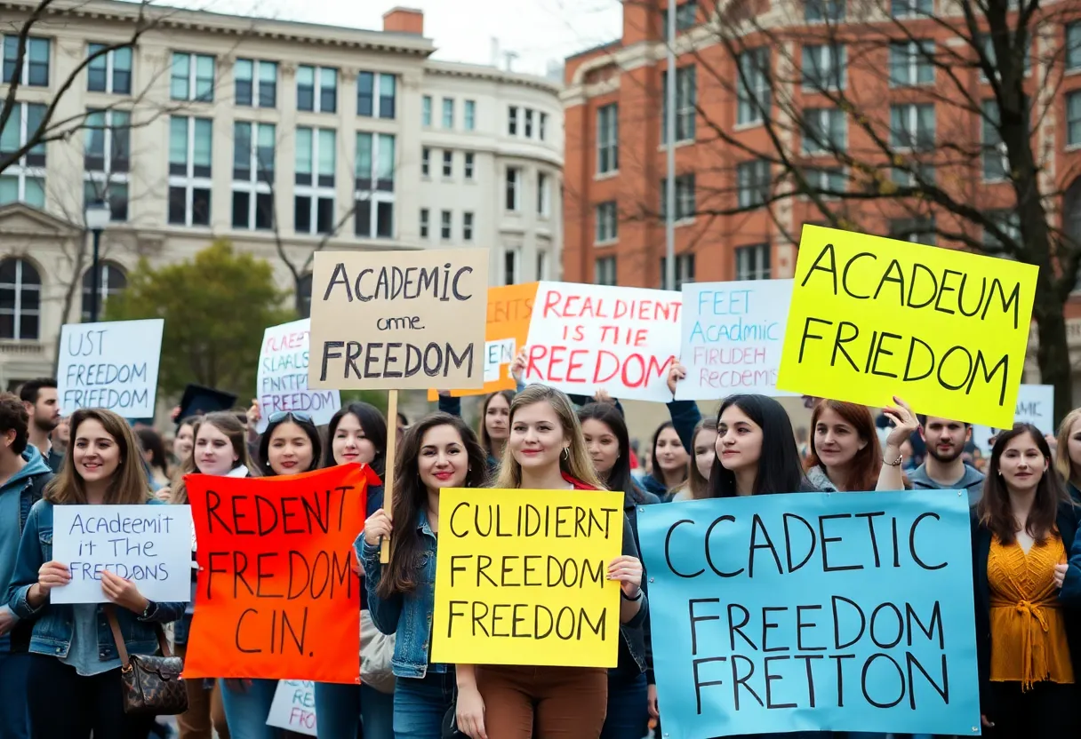 Protesters on university campus advocating for academic freedom.
