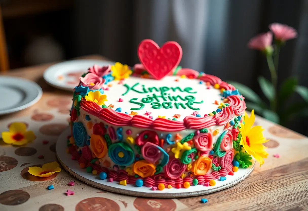 A beautiful, vibrantly decorated cake representing community and kindness