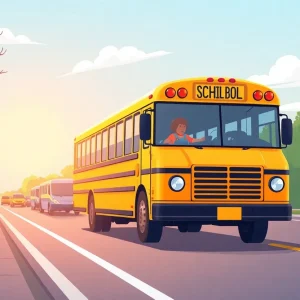 Illustration showing school buses and students related to school start times