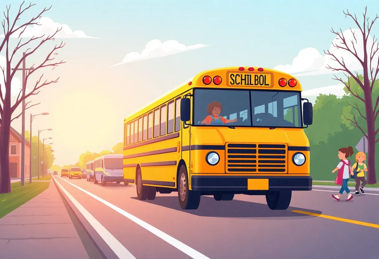 Illustration showing school buses and students related to school start times
