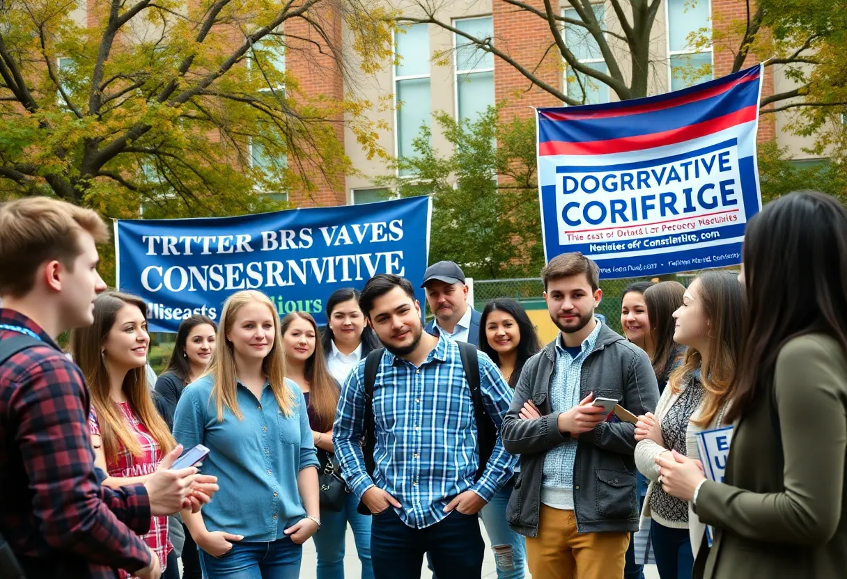 Young conservatives engaged in a political discussion on campus
