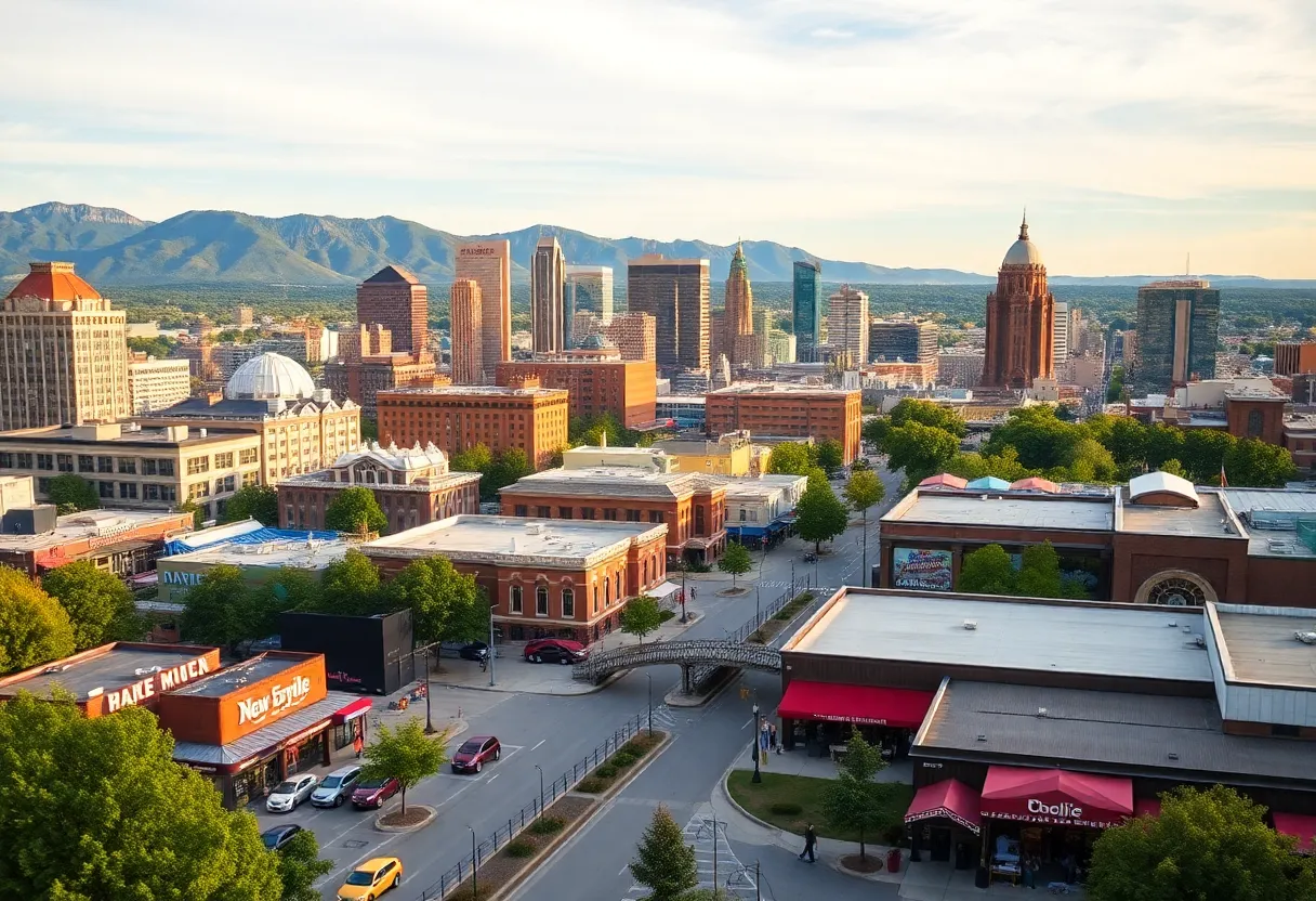 Cityscape of Nashville featuring music venues and parks